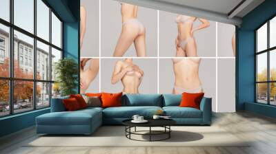 Set of cropped images of sportive body, bellies, bottocks and breast of young toned woman isolated on gray studio background. Wall mural