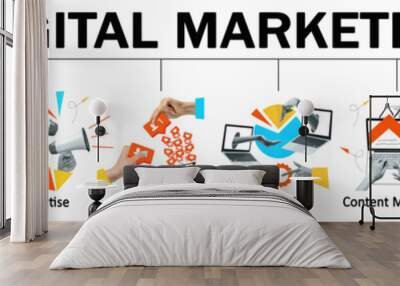 Set of icons for digital marketing strategy. Branding, website development, advertising, social media marketing, content management. Concept of social media marketing development. Banner Wall mural