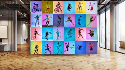 Set of images of different professional sportsmen, fit people in action, motion isolated on multicolor background in neon light. Wall mural