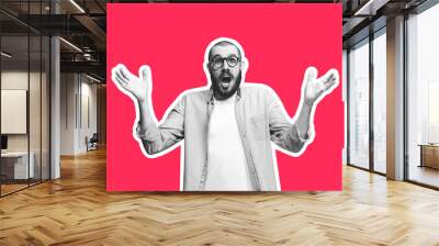 Shocked, uncertain. Collage in magazine style with emotional man in black and white contour on bright background with copyspace. Modern design, creative artwork, style and human emotions concept. Wall mural