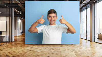 Showing thumbs up, smiling. Caucasian boy portrait isolated on blue studio background. Beautiful teen male model in white shirt posing. Concept of human emotions, facial expression, sales, ad. Wall mural