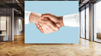 Sign of joint plans for the future. Teamwork and communications. Two male hands shaking isolated on blue studio background. Concept of help, partnership, friendship, relation, business, togetherness. Wall mural