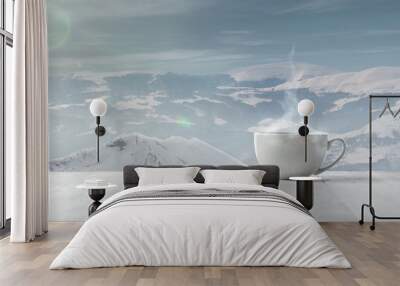 Single tea or coffee cup and landscape of mountains on background. Cup of hot drink with snowly look and cloudly sky in front of it. Warm in winter day, holidays, travel, New Year and Christmas time. Wall mural