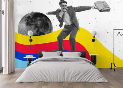 Skateboarding on rainbow. Contemporary art collage. New ideas and creative inspiration. Concept of retro vintage style. optical illusion elements Wall mural