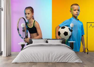 Soccer football, basketball, taekwondo, boxing, gymnastics and tennis. Collage of different little sportsmen in action Wall mural