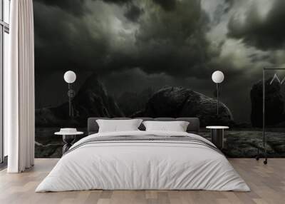 Spooky night. Scary and mystic theme, rocks and mountains in fog. Conceptual background for your design, poster, ad. Wall mural