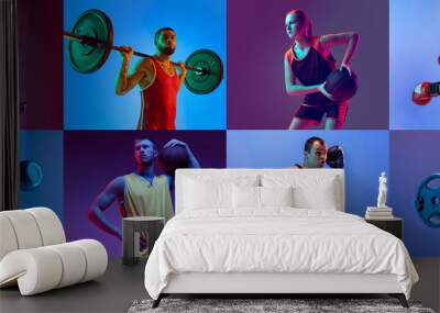 Sport collage of professional athletes posing isolated on multicolored background in neon. Basketball, boxing, fencing, karate, fitness, weightlifting Wall mural