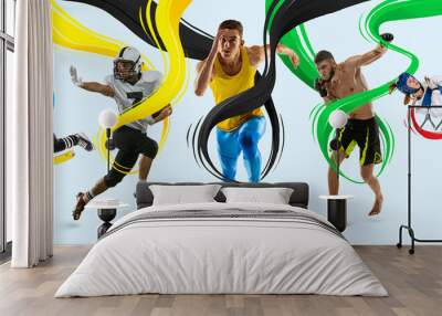 Sport collage. Professional sportsmen in action isolated on white background with blue, yellow, black, green and red stripes, lines. Wall mural