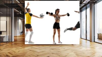 Sport collage. Tennis, basketball, soccer football, hockey, golf, cycling, fitness, running, volleyball players in motion isolated on white background Wall mural