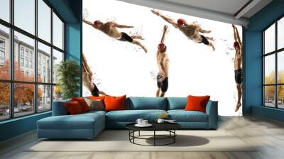 Sportive male swimmer in swimming cap and goggles in motion and action isolated on white background. Collage, set Wall mural