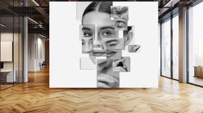 Surreal portrait of woman made of different pieces of photos. Art collage. Mirror effect face. Thoughtful, busy, split personality. Mental health, daily routine. Contemporary art collage, emotions Wall mural