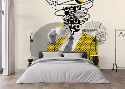 Taking a break. Comics styled yellow dotted suit. Modern design, contemporary art collage. Inspiration, idea concept, trendy urban magazine style. Negative space to insert your text or ad. Wall mural