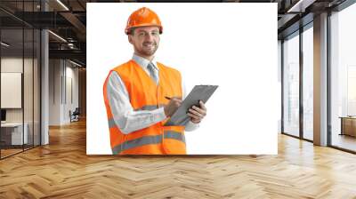 The builder in a construction vest and orange helmet standing on white studio background. Safety specialist, engineer, industry, architecture, manager, occupation, businessman, job concept Wall mural