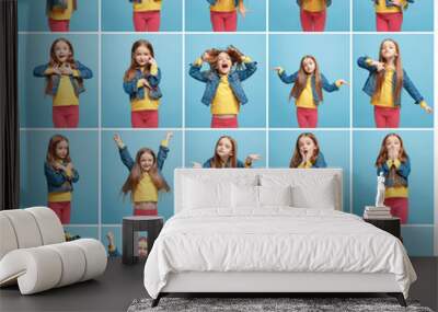 The collage of different human facial expressions, emotions and feelings of young teen girl. Wall mural