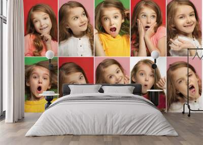 The collage of different human facial expressions, emotions and feelings of young teen girl. Wall mural