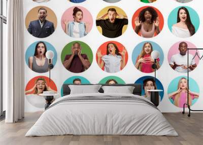 The collage of faces of surprised people on colored backgrounds. Happy men and women smiling. Human emotions, facial expression concept. collage of different human facial expressions, emotions Wall mural