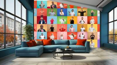 The collage of faces of surprised people on colored backgrounds. Happy men and women smiling. Human emotions, facial expression concept. collage of different human facial expressions, emotions Wall mural