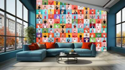 The collage of faces of surprised people on colored backgrounds. Happy men and women smiling. Human emotions, facial expression concept. Different human facial expressions, emotions, feelings Wall mural