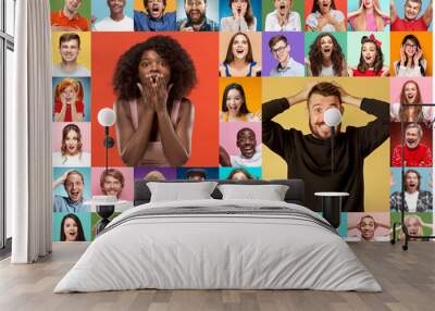 The collage of faces of surprised people on colored backgrounds Wall mural