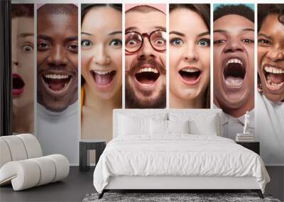 The collage of young women and men smiling and surprised face expressions Wall mural