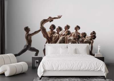 The group of modern ballet dancers. Contemporary art ballet. Young flexible athletic men and women in ballet tights. Studio shot isolated on white background. Negative space. Wall mural