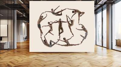 The group of modern ballet dancers. Contemporary art ballet. Young flexible people in tights. Copyspace. Concept of dance grace, inspiration, creativity. Made of shots of 9 models. Wall mural