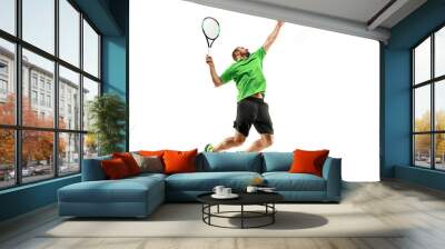 The one caucasian man playing tennis isolated on white background. Studio shot of fit young player at studio in motion or movement during sport game.. Wall mural