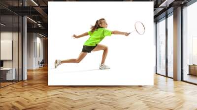 The one caucasian young teenager girl playing badminton at studio. The female teen player isolated on white background in motion Wall mural