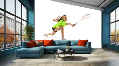 The one caucasian young teenager girl playing badminton at studio. The female teen player isolated on white background in motion Wall mural