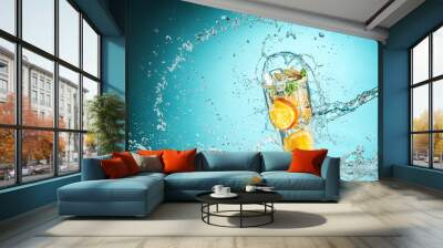 The rose exotic cocktail and fruit on blue Wall mural