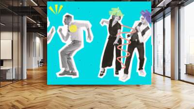 Timeless rock-and-roll. Contemporary art collage. Dancing couples in retro 70s, 80s styled clothes over bright background with drawings. Concept of art, music, fashion. Wall mural