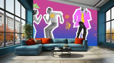 Timeless rock-and-roll. Contemporary art collage. Dancing couples in retro 70s, 80s styled clothes over bright background with drawings. Concept of art, music, fashion. Wall mural