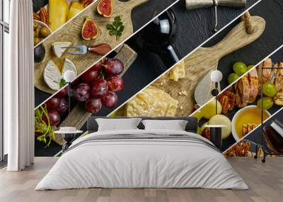 Top view of tasty cheese plate with fruit, grape, nuts, bread and honey on a circle kitchen plate on the black stone background, top view, copy space. Gourmet food and drink. Creative collage. Wall mural