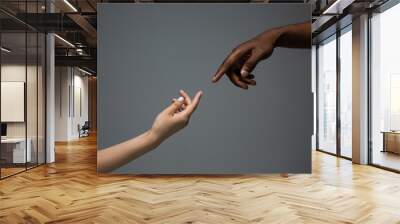 Touch of God. Racial tolerance. Respect social unity. African and caucasian hands gesturing on gray studio background. Human rights, friendship, intenational unity concept. Interracial unity. Wall mural