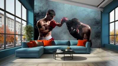 Two professional boxer boxing on black smoky background, Wall mural