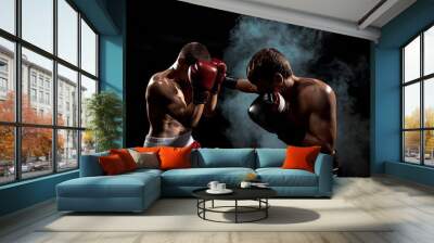 Two professional boxer boxing on black smoky background, Wall mural