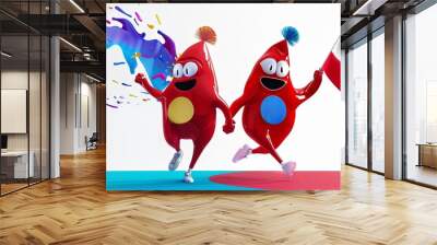 Two red cartoon characters, mascots holding French flag. Olympic Games in Paris 2024 Wall mural