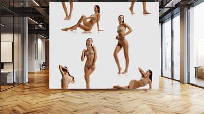 Vertical collage. Set of dynamic poses of young beautiful woman with slim body, posing in underwear. Balanced and healthy physique, active lifestyle. Concept of female beauty, body and health care Wall mural