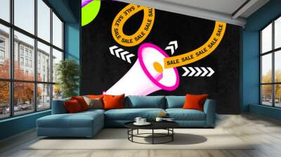 Vibrant advertisement for sale, megaphone blasting word SALE against black background with abstract elements and shopping bags. Contemporary art. Concept of shopping, Black Friday, Cyber Monday, sales Wall mural