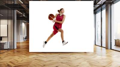 Winning final goal. Teen girl, basketball player in motion, playing isolated over white studio background. Concept of sportive lifestyle, active hobby, health, endurance, competition. Ad Wall mural