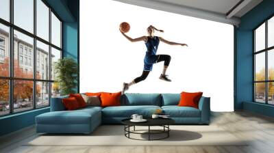 Young caucasian female basketball player of team in action, motion in jump isolated on white background. Concept of sport, movement, energy and dynamic, healthy lifestyle. Training, practicing. Wall mural