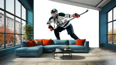 Young female hockey player with the stick isolated on white background. Sportswoman in action wearing equipment attacking for the goal or score. Concept of sport, healthy lifestyle, motion, movement. Wall mural