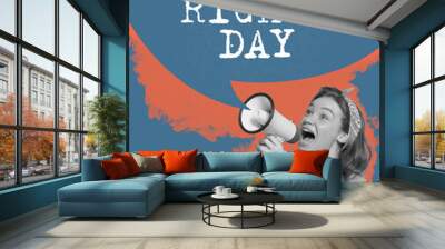 Young girl in retro style outfit with megaphone isolated on blue background with lettering Human rights day. Contemporary art collage. Wall mural