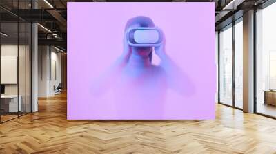 Young girl wearing VR headset immersed in backlit diffuse liquid. Concept of art, metaverse, modern technology, video games and virtual reality Wall mural