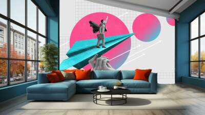 Young motivated man, employee, trainee flying his way to professional success. New path. Contemporary art collage. Concept of business, professional challenges, ambitions, office, career, ad Wall mural