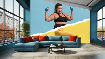 Young plus-size woman with body, legs og slim girl in weight loss process isolated on blue-yellow background. Weight loss, fitness, healthy eating, motivation concept. Wall mural