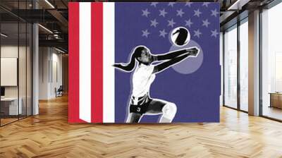 Young woman, volleyball player in motion during game, playing representing team of USA. Concept of sport, championship, tournament, match. Creative design, poster for sport event. Grainy effect Wall mural