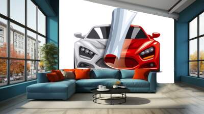 Racing car covered with a color changing film. Version with White background.  Wall mural