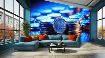 stack of euro coins on a blue background Wall mural