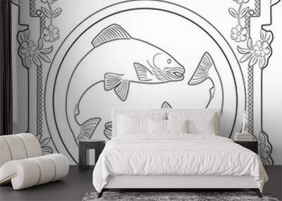 two fishes line art with vintage frame handmade design  Wall mural